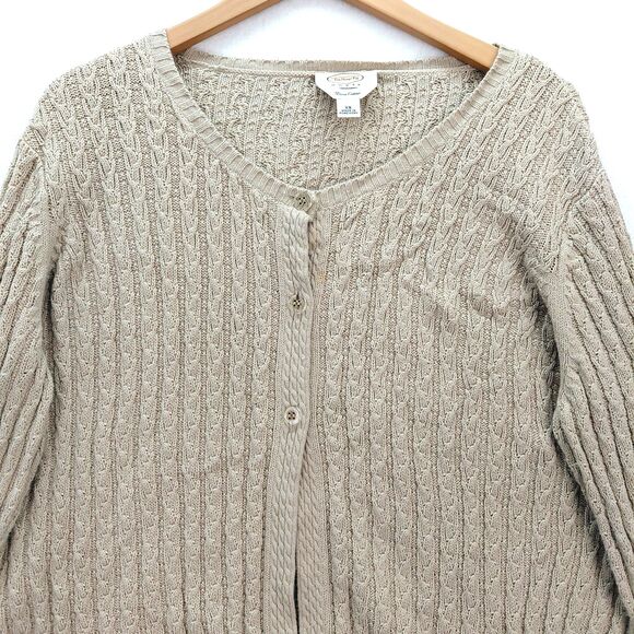 Talbots Womens Button Up Cable Knit Cardigan Sweater Size 2X Tan Pima Cotton - Picture 2 of 10